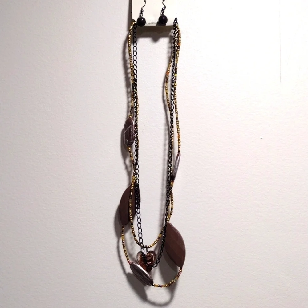 Women's Colorful Beads Black Chain Layered Necklace w/ Matching Earrings, 22+2
